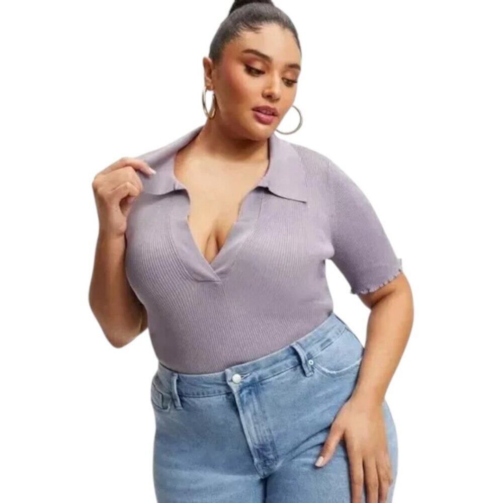 Good American Ribbed Polo Sweater Top Dusty Violet Short Sleeves V-Neck Sz 3(L)